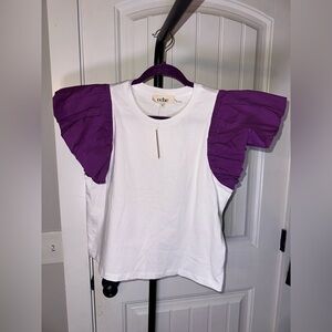 NWT Eche Size Medium White Blouse with Purple Ruffle Sleeves